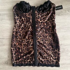 leopard lace trim mini slip dress